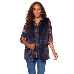 La Bellum Hillary Scott Faux Fur Vest Open Front medium navy blue beaded